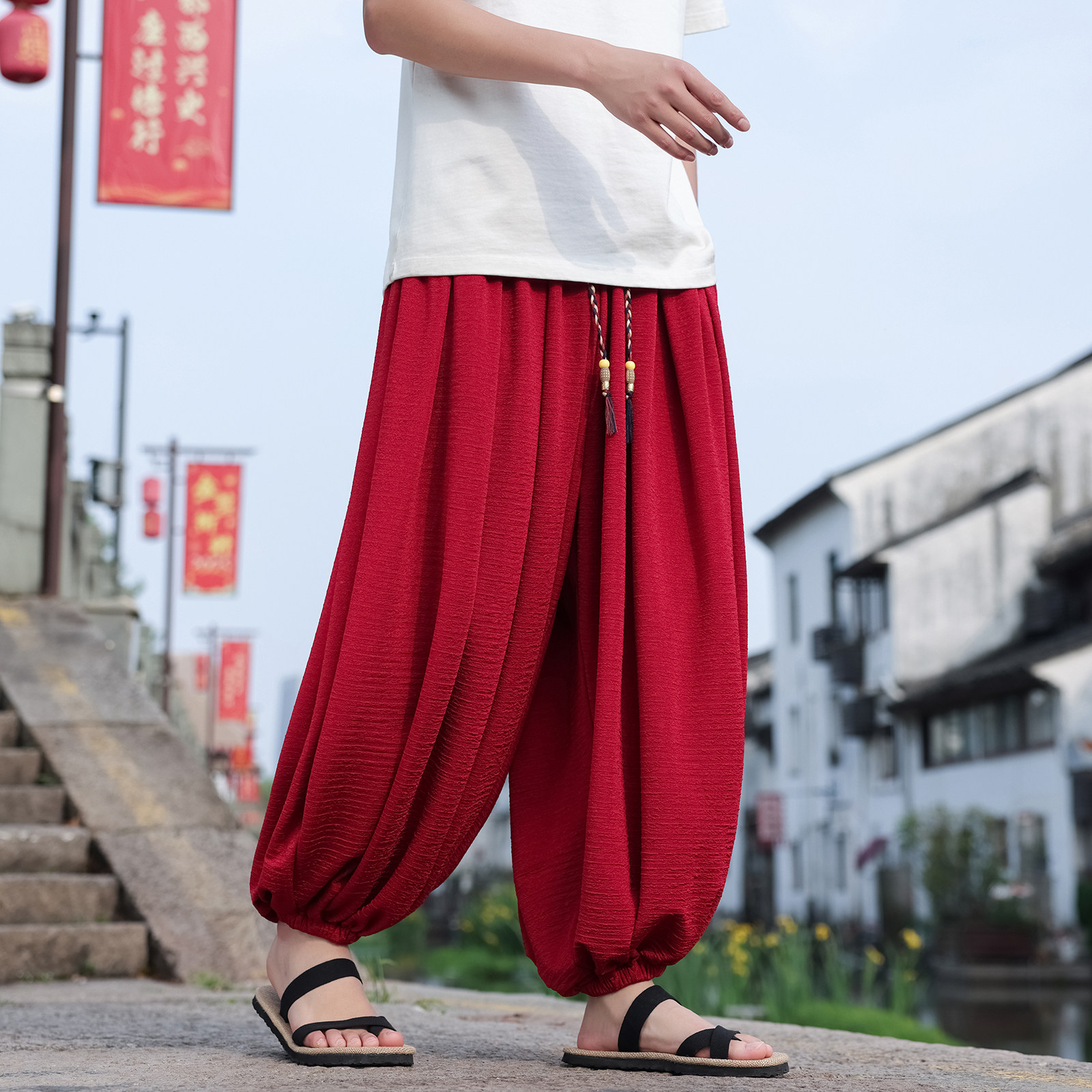风D冰丝肌理感痞帅九分裤夏季大桶裤宽松长裤男K250-P68控88,男装休闲裤,电商A005