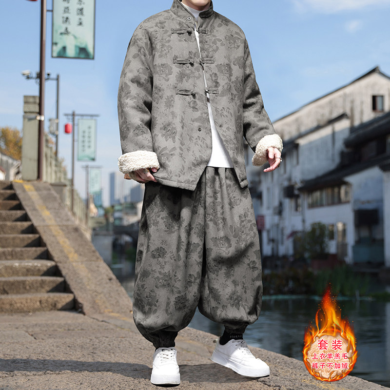 新中式I风盘扣暗花灯芯绒羊羔毛棉衣服套装男TZ51-P203控238,男装T恤,电商A005