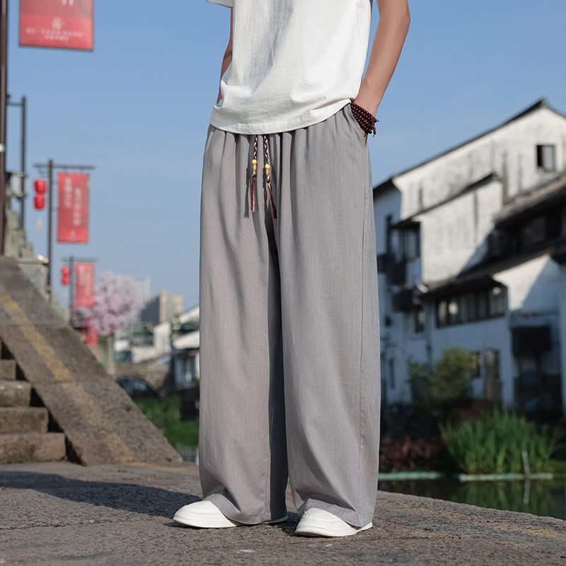 新中式I亚麻长裤男阔腿直筒裤高腰冰丝裤棉麻休闲裤K180-P65控78,男装休闲裤,电商A005