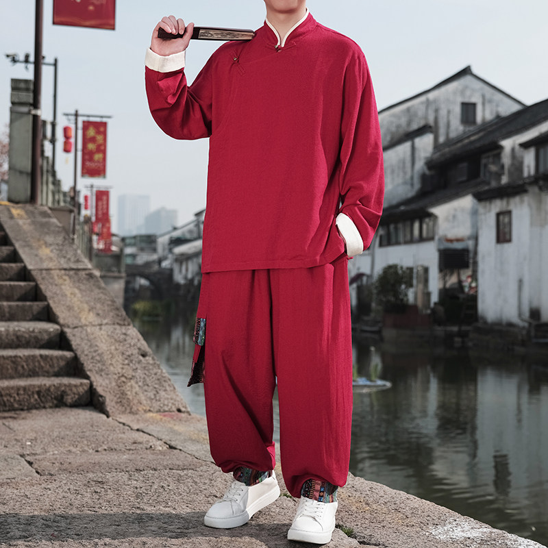 风B斜襟盘扣亚麻棉麻衬衫夹克大裤裆裤套装男TZ151-P173控198,男装衬衫,电商A005