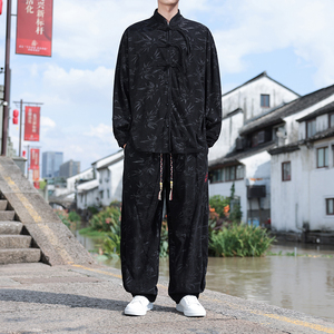 风A盘扣树叶暗花灯芯绒衬衫夹克阔腿裤套装男TZ121-P136控158图片