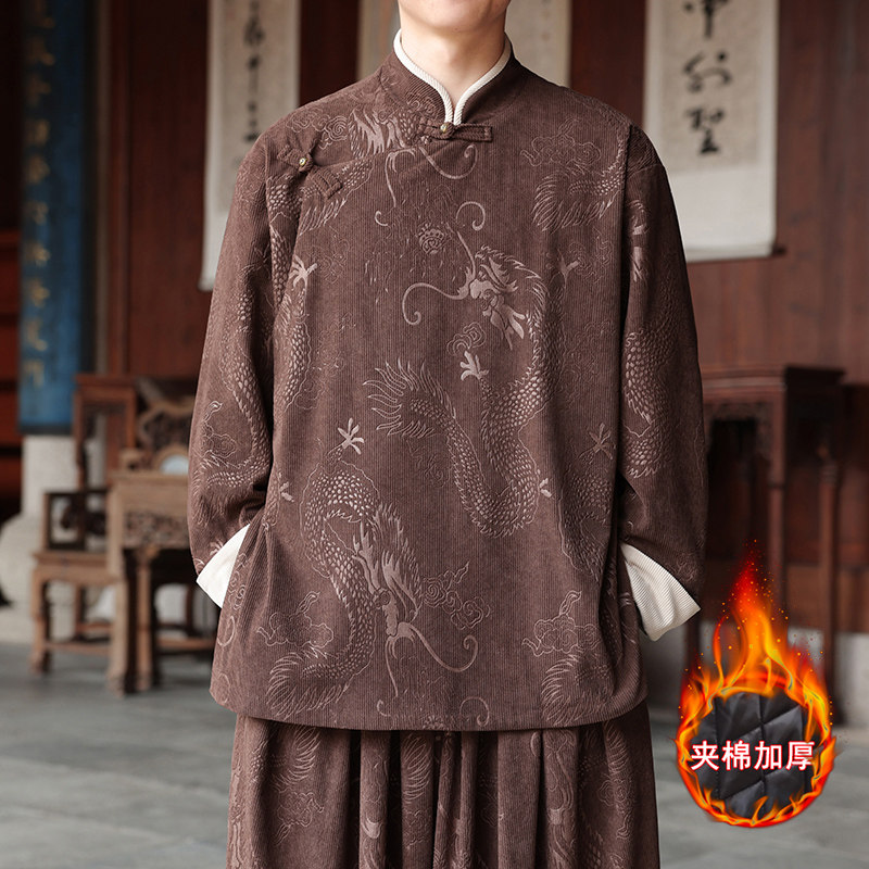 新中式X斜襟龙纹灯芯绒中山装夹棉加厚外套棉衣JK1020-P135控158,男装棉衣,电商A005