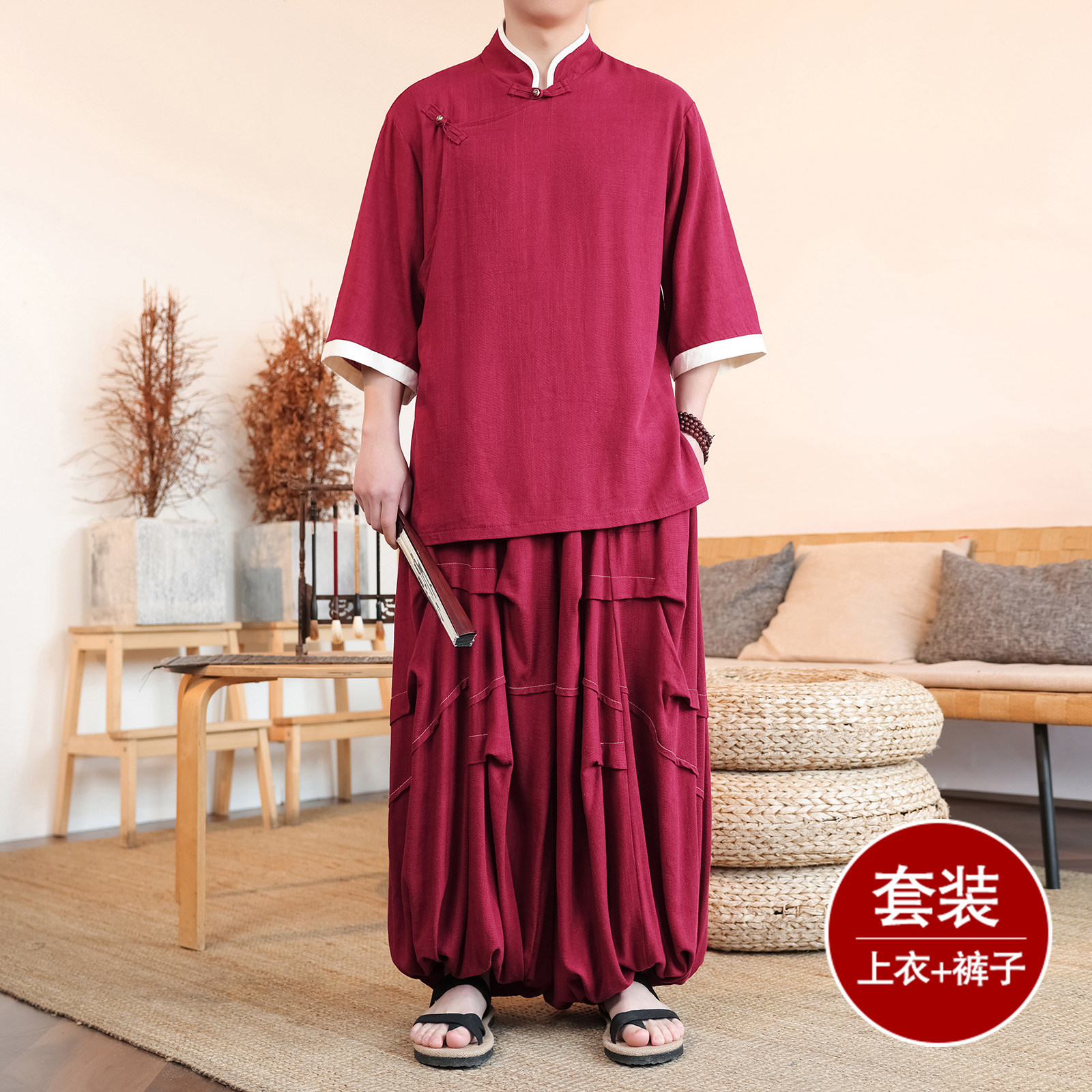 风E斜襟棉麻衬衫中山装外套折褶阔腿裤套装男TZ170-P166控188,男装休闲套装,电商A005