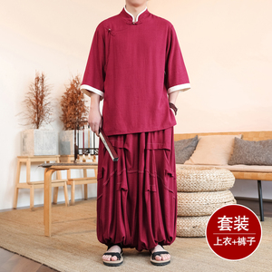 风L斜襟棉麻衬衫中山装外套折褶阔腿裤套装男TZ170-P166控188图片