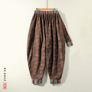 风民族风X复古中式树叶灯芯绒大裤裆舞蹈阔腿裤K200-P68控88图片