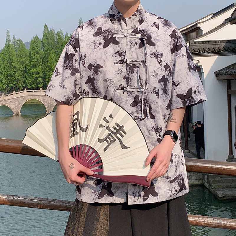 新中式L盘扣短袖衬衫男改良汉服唐装蝴蝶印花外套CS56-P65控88,男装T恤,电商A005