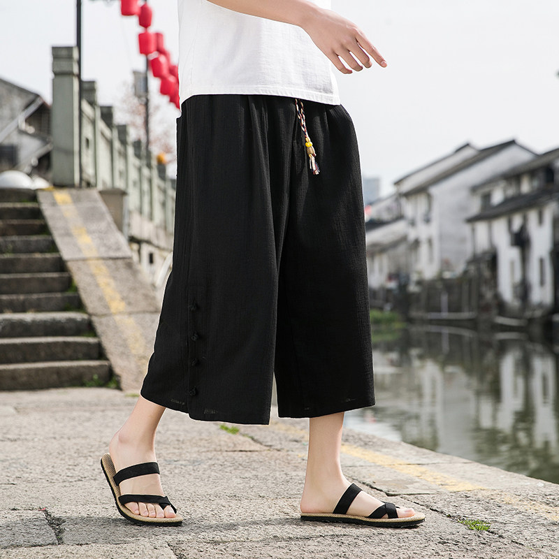 2023风E夏装薄款凉爽冰丝盘扣排扣阔腿裤七分裤DK97-P55控78,男装牛仔裤,电商A005