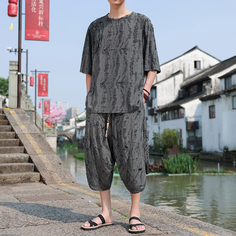 暗黑新中式A肩膀破洞冰丝镂空t恤不规则七分裤男TZ103-P123控148,男装T恤,电商A005
