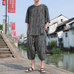 暗黑新中式A肩膀破洞冰丝镂空t恤不规则七分裤男TZ103-P123控148图片