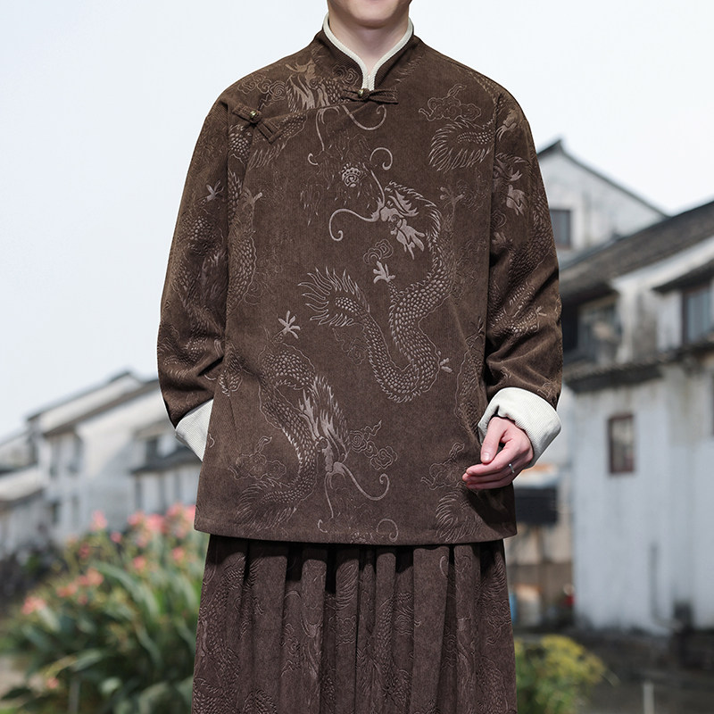 新中式AB斜襟盘扣龙纹灯芯绒中山装立领夹克外套男JK20-P105控138图片