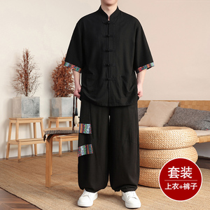 民族风T盘扣亚麻衬衫民族风棉麻阔腿裤套装男TZ163-P163控188图片