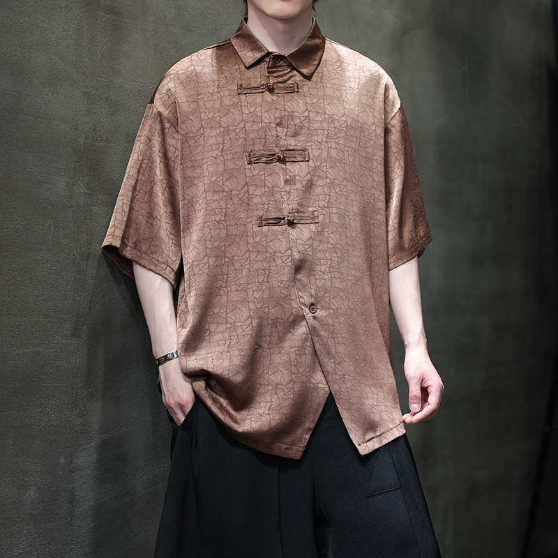 改良新中式E龟裂纹香云纱提花冰丝短袖盘扣衬衫男CS63-P68控88，男装T恤，电商A005