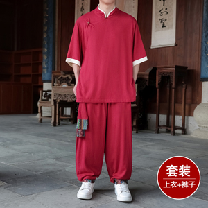 新中式国风套装假两件斜襟盘扣衬衫裤子亚棉麻民族风男装立领唐装