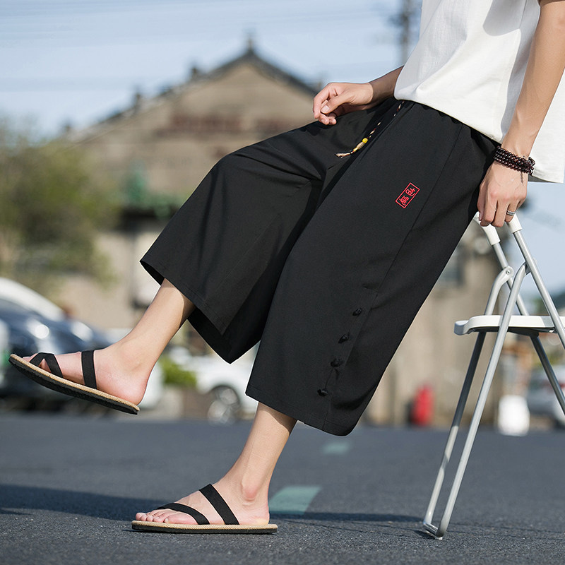 风G暗黑冰丝刺绣盘扣运动阔腿裤小众设计七分裤DK117-P55控78,男装牛仔裤,电商A005