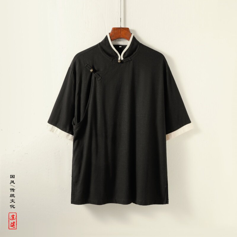 新中式K斜襟盘扣亚麻棉麻中山装立领中袖衬衫外套CS79-P88控108,男装衬衫,电商A005