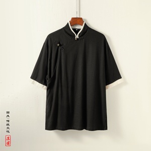 新中式K斜襟盘扣亚麻棉麻中山装立领中袖衬衫外套CS79-P88控108图片