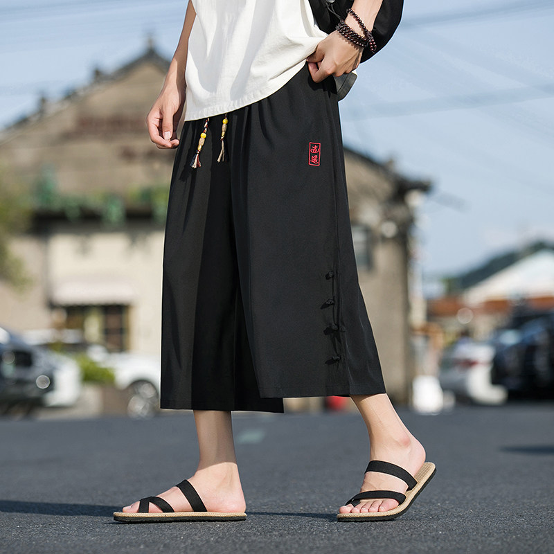 风G暗黑冰丝刺绣盘扣运动阔腿裤小众设计七分裤DK117-P55控78,男装牛仔裤,电商A005