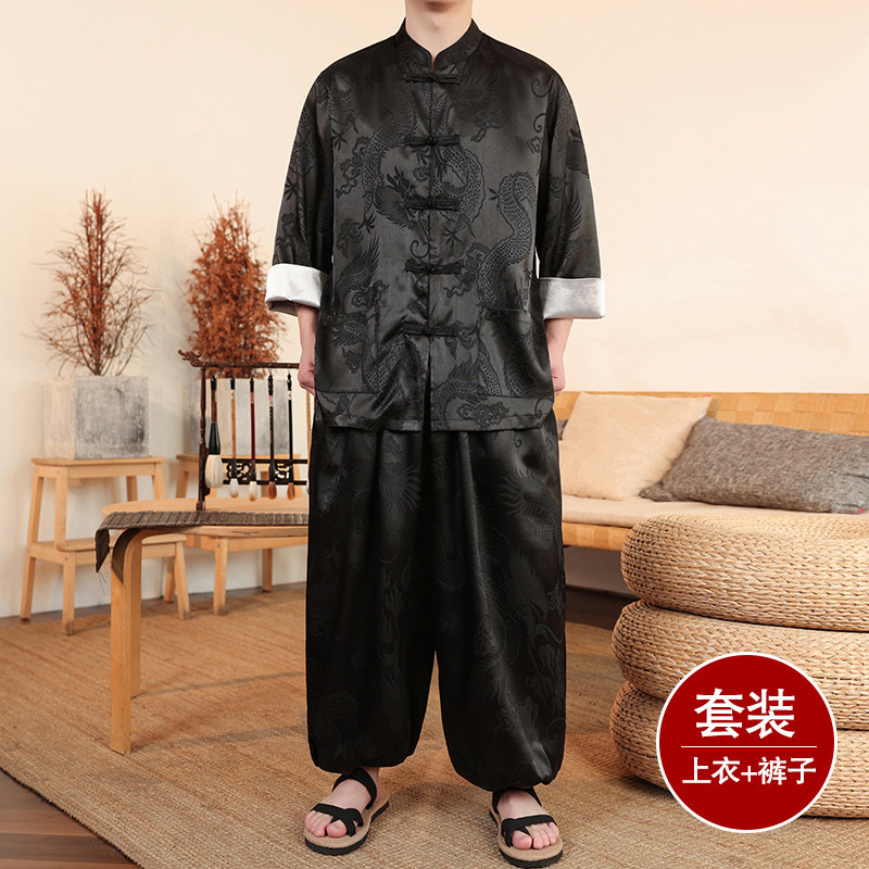 风G盘扣暗花龙纹冰丝衬衫萝卜裤套装男TZ159-P120控148图片