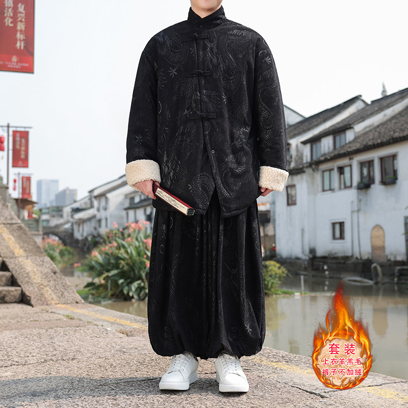 新中式AL龙纹灯芯绒羊羔毛夹克棉衣服保暖套装男TZ131-P203控228,男装夹克,电商A005