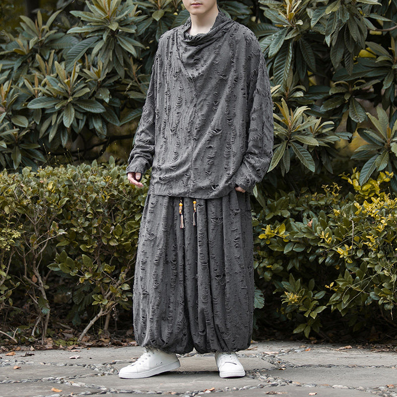 新中式F破洞不规则领堆堆领小众束脚阔腿裤套装男TZ30-P143控168，男装T恤，电商A005