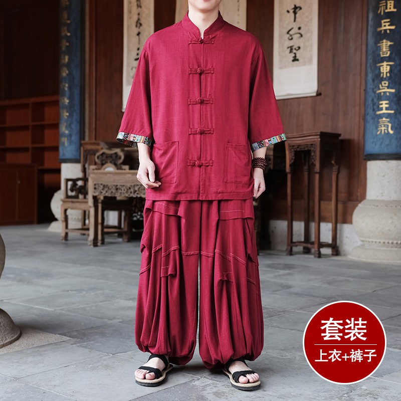 风A拼色棉麻衬衫外套折褶小众阔腿裤套装男TZ169-P153控178图片