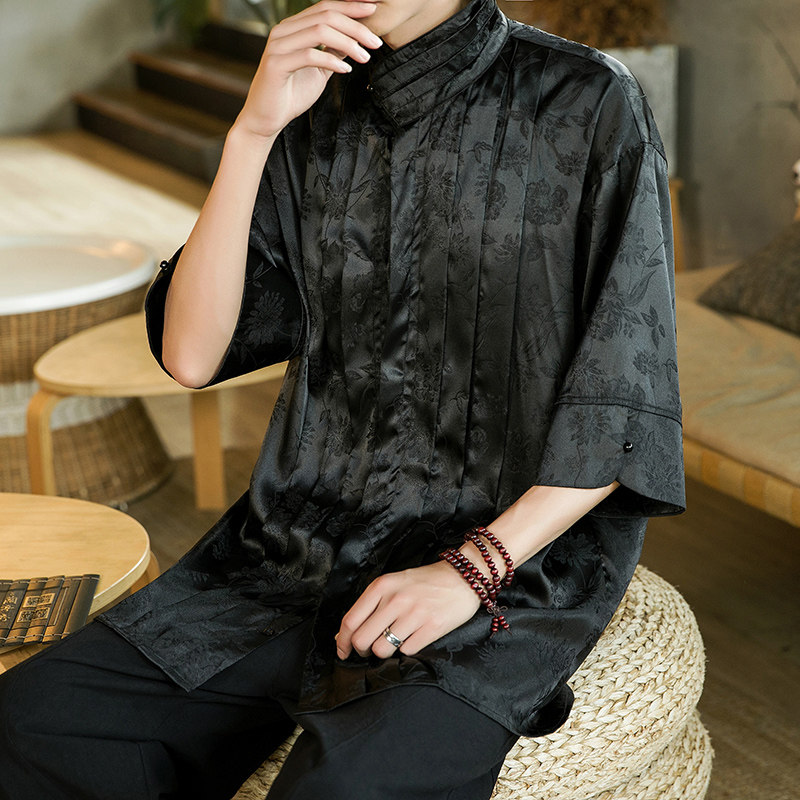 改良中式E缎面提花冰丝复古短袖珍珠扣立领小众衬衫男CS03P70控88,男装T恤,电商A005