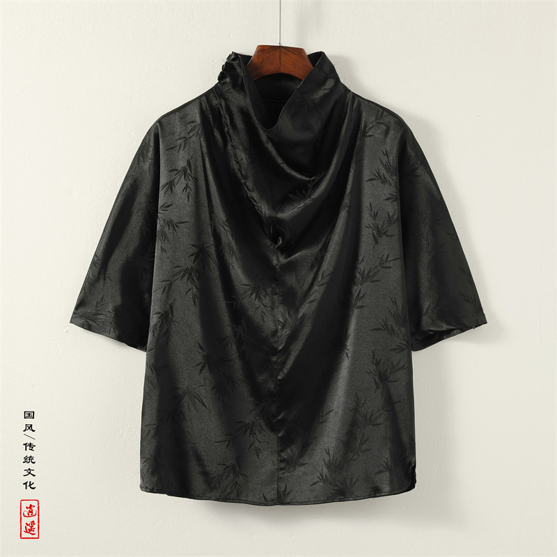 风L小高领堆堆领提花暗花小众设计树叶冰丝t恤T39-P65控88图片