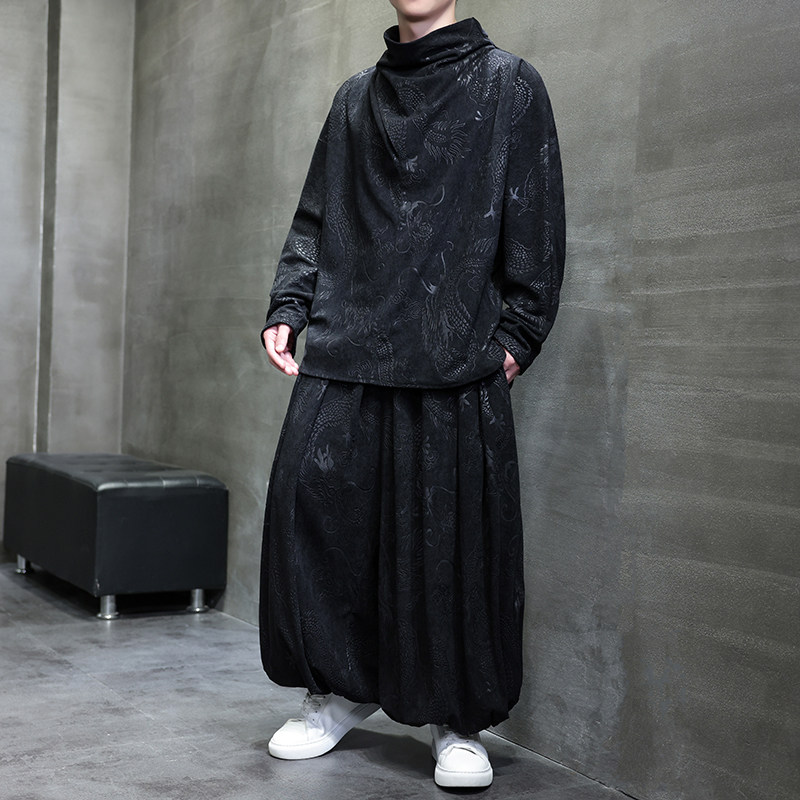 龙纹暗花G灯芯绒卫衣t恤堆堆领打底衫阔腿裤套装TZ123-P136控158，男装T恤，电商A005