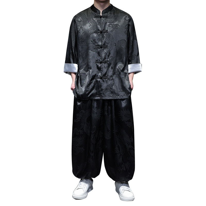风E盘扣暗花龙纹冰丝衬衫萝卜裤套装男TZ159-P120控148,男装衬衫,电商A005
