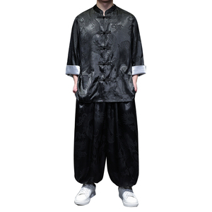 风E盘扣暗花龙纹冰丝衬衫萝卜裤套装男TZ159-P120控148图片