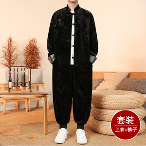 新中式G民族风金丝绒龙纹夹克哈伦裤飞鼠裤套装男TZ177-P143控168图片