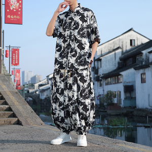 新中式B小众盘扣扎染水墨冰丝衬衫男灯笼裤套装TZ72-P130控158图片