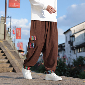 风M复古中式麦穗纹灯芯绒民族风拼色舞蹈阔腿裤K202-P75控88，男装民族服装，电商A005