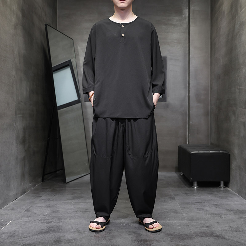 风C纽扣冰丝风古风t恤男T廓形哈伦裤男TZ63-P110控138,男装T恤,电商A005