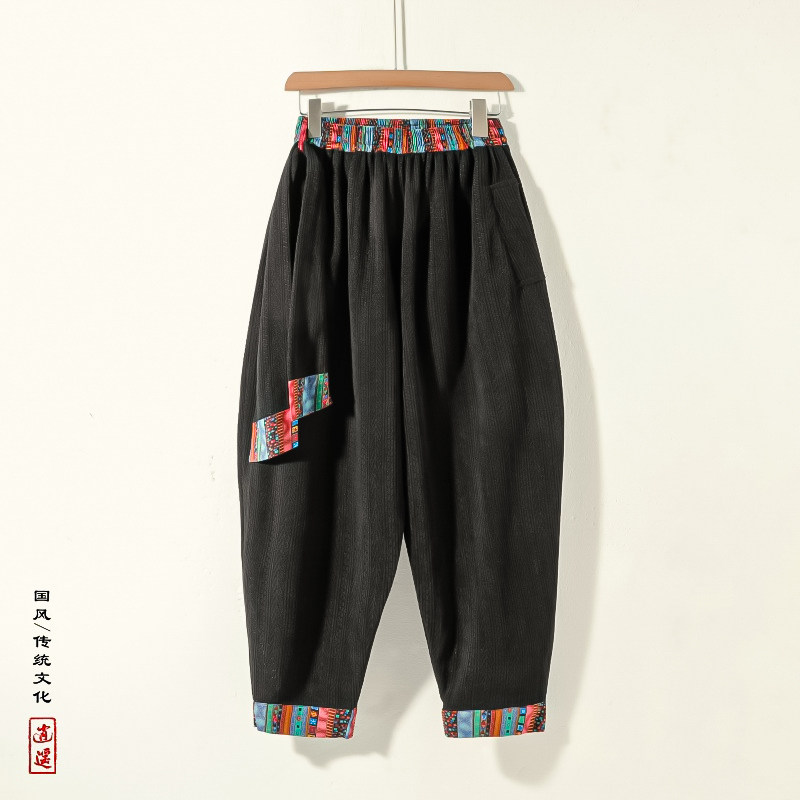 风P复古中式麦穗纹灯芯绒民族风拼色舞蹈阔腿裤K202-P75控88,男装休闲裤,电商A005