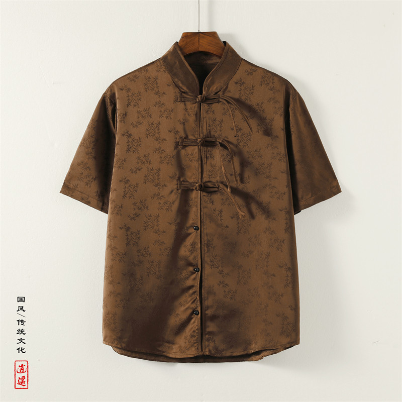 新中式L风盘扣小众树叶提花透气冰丝短袖衬衫男CS52-P68控88,男装T恤,电商A005