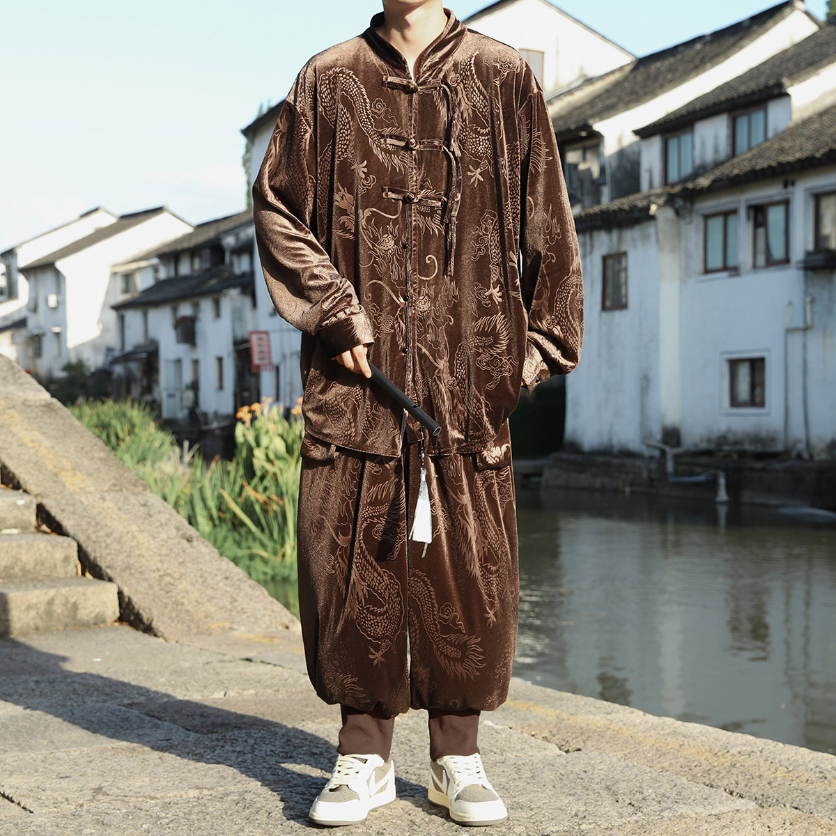 新中式C盘扣龙纹金丝绒外套男哈伦裤飞鼠裤套装男TZ182-P136控158,男装休闲套装,电商A005