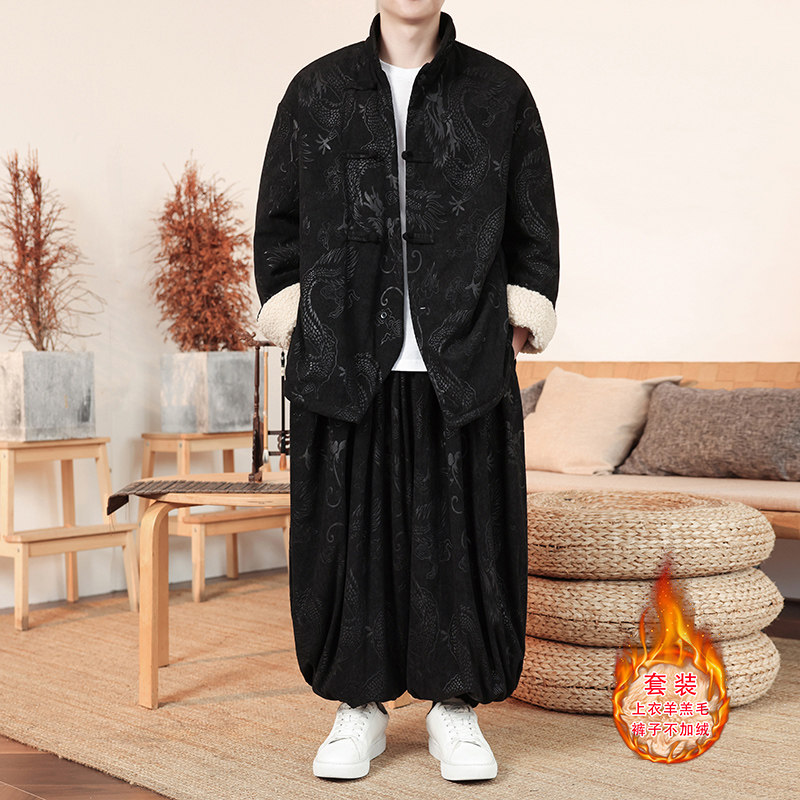新中式S龙纹灯芯绒羊羔毛夹克棉衣服保暖套装男TZ131-P203控228,男装夹克,电商A005