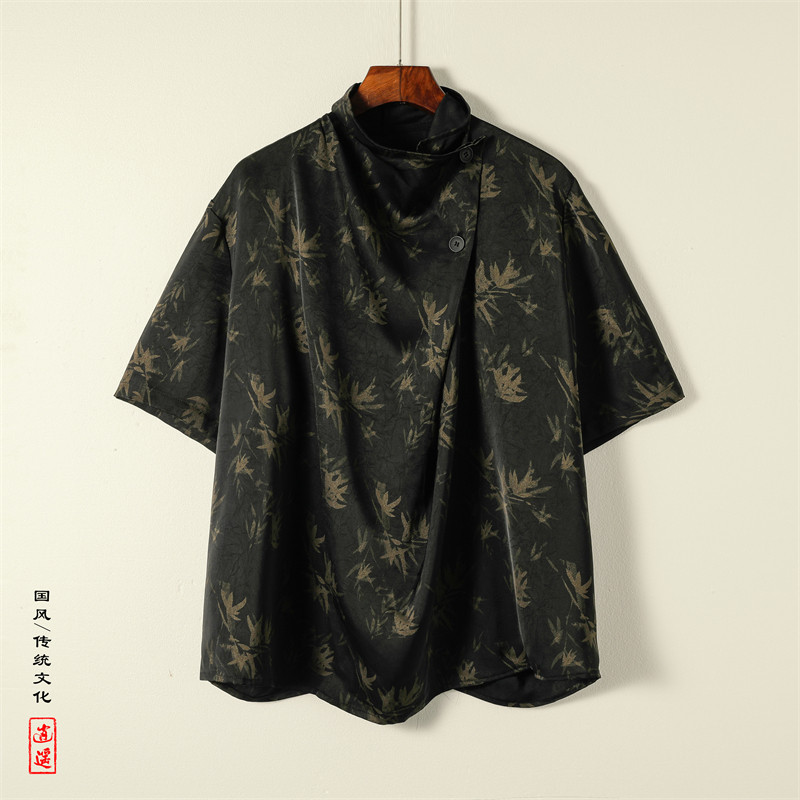 潮酷暗黑A小高领堆堆领印花树叶小众设计冰丝t恤T63-P80控108,男装T恤,电商A005