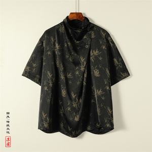 潮酷暗黑A小高领堆堆领印花树叶小众设计冰丝t恤T63-P80控108