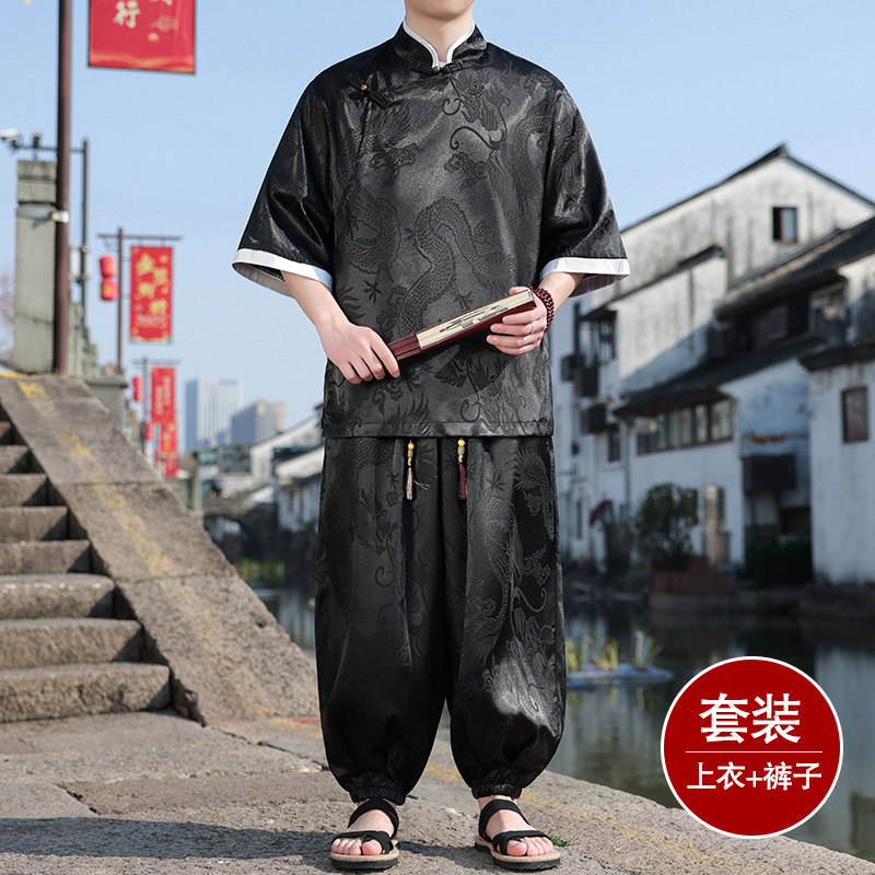 风A盘扣暗花龙纹冰丝中山装衬衫萝卜裤套装男TZ160-P120控148,男装衬衫,电商A005