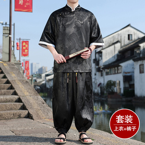 风A盘扣暗花龙纹冰丝中山装衬衫萝卜裤套装男TZ160-P120控148图片