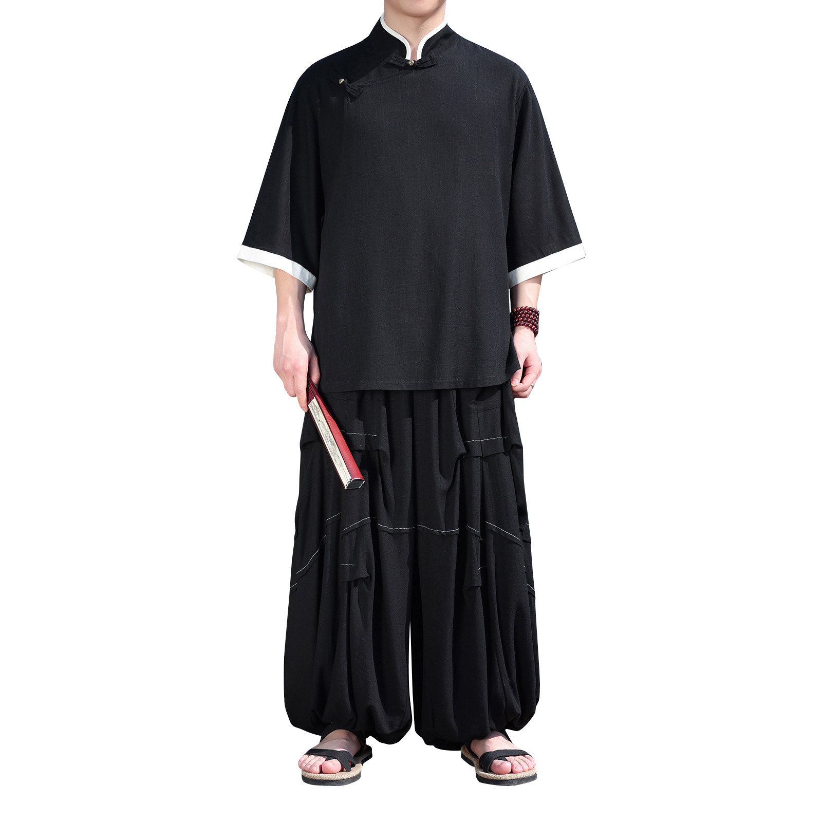 风Q斜襟棉麻衬衫中山装外套折褶阔腿裤套装男TZ170-P166控188,男装休闲套装,电商A005