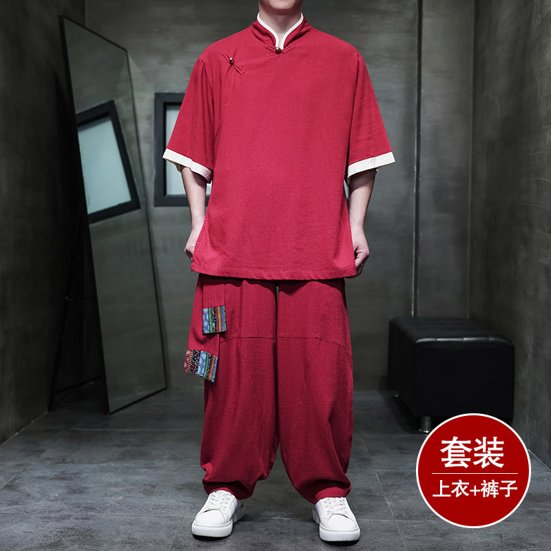 斜襟盘扣G亚麻中袖衬衫民族风演出阔腿裤套装男TZ166-P176控198，男装衬衫，电商A005