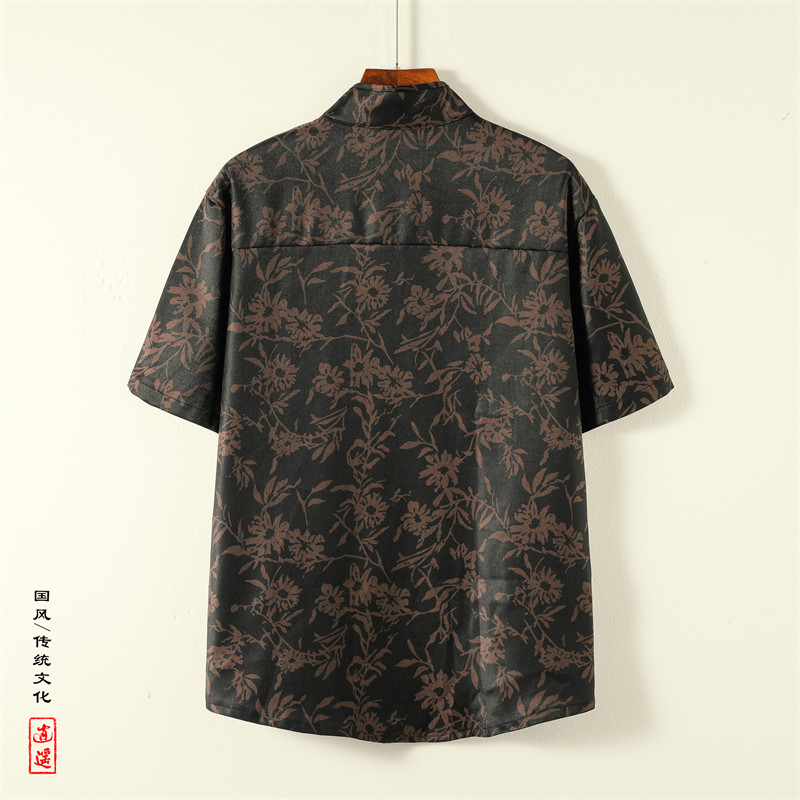 新中式E盘扣短袖衬衫男汉服唐装中山装树叶印花外套CS61-P68控88,男装T恤,电商A005