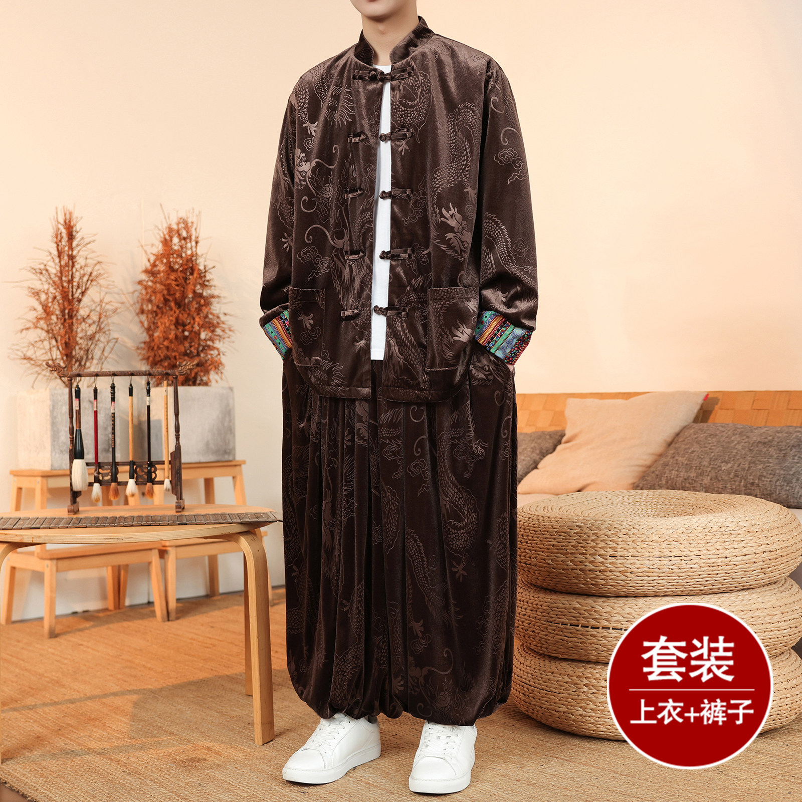 新中式K民族风盘扣金丝绒龙纹夹克外套阔腿裤套装TZ172-P143控168,男装休闲套装,电商A005