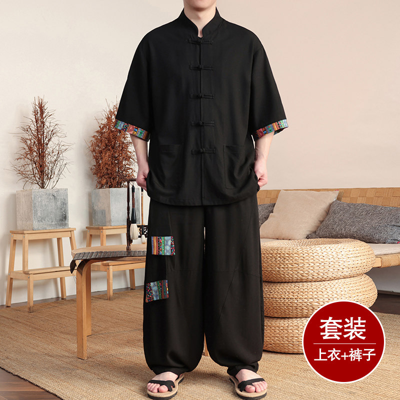 民族风T盘扣亚麻衬衫民族风棉麻阔腿裤套装男TZ163-P163控188图片