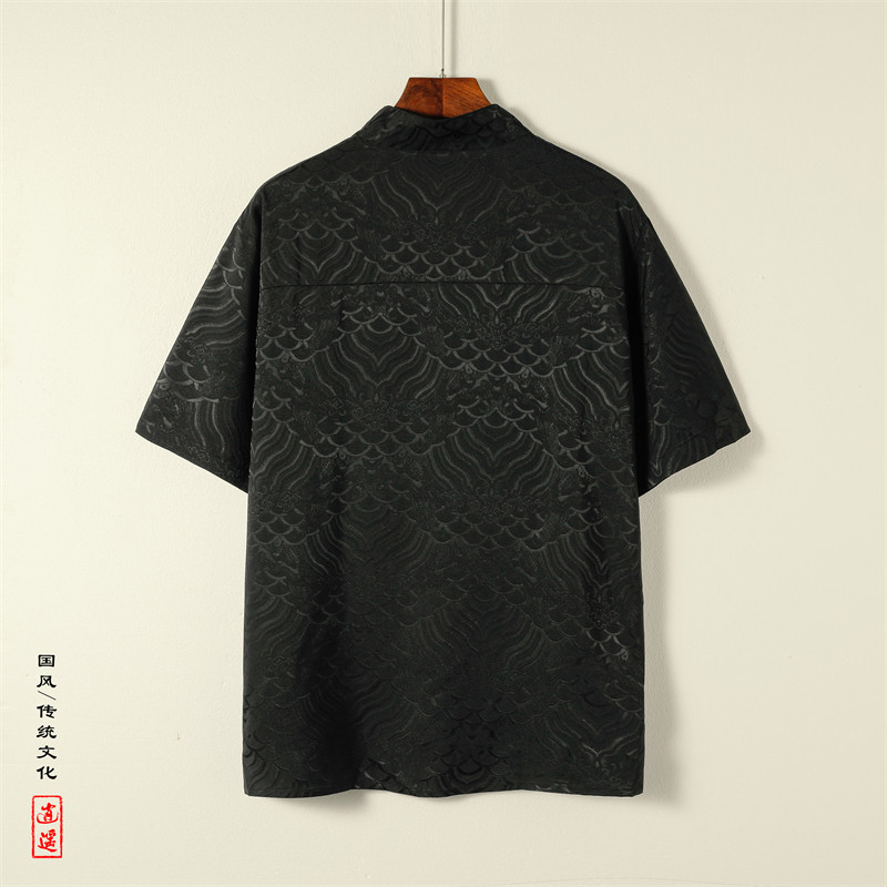 风A新中式缎面提花云海暗纹立领盘扣短袖冰丝衬衫CS70-P70控98,男装衬衫,电商A005