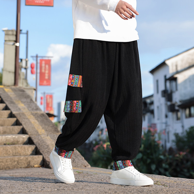 风I复古中式麦穗纹灯芯绒民族风拼色舞蹈阔腿裤K202-P75控88，男装民族服装，电商A005