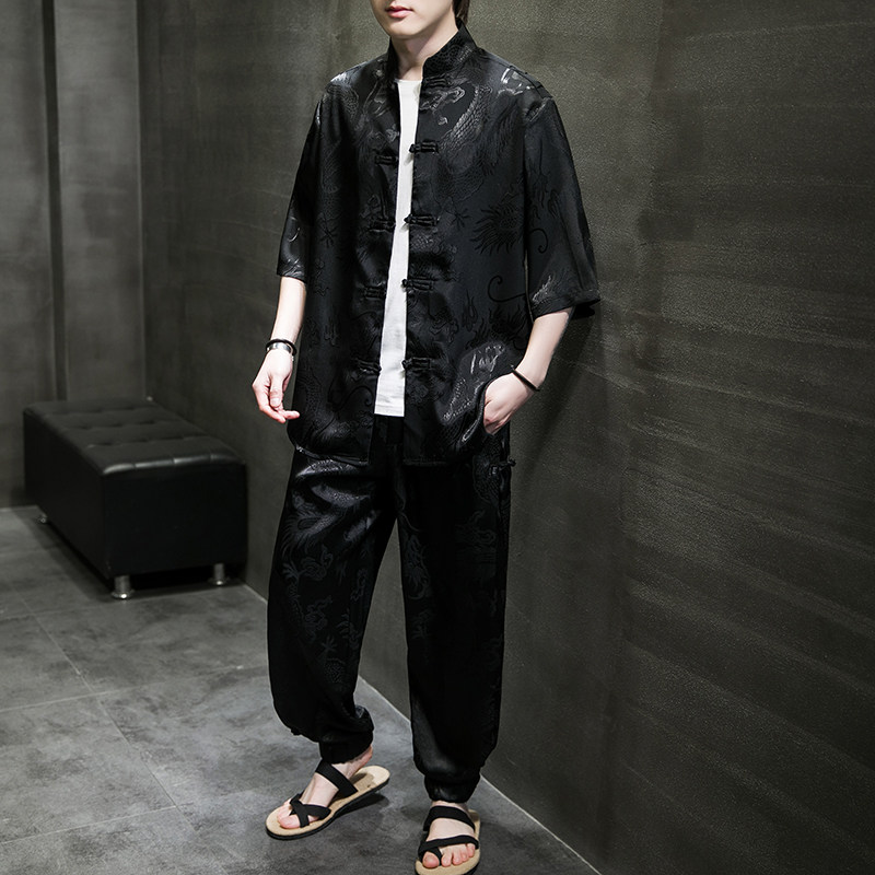 风A超薄冰丝暗龙纹防晒衣男春夏季坠感盘扣衬衫套装TZ09-P110，男装防晒衣，电商A005